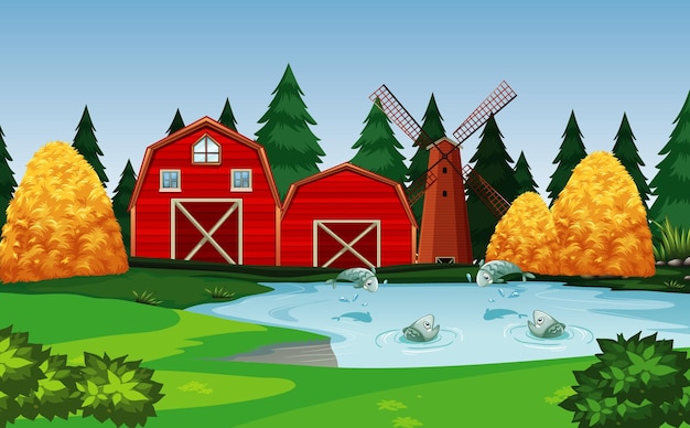 Farm with red barn and windmill scene