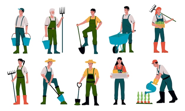 Vector farmer character cartoon agricultural workers with equipment working on farm and garden men digging ground or watering plants persons with buckets shovels and rakes vector isolated gardeners set