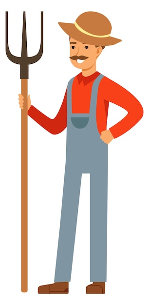 Farmer character with hayfork Cartoon happy agriculture worker