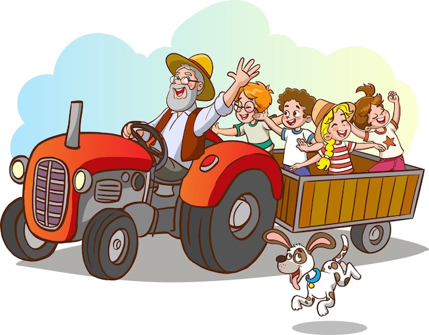 farmer driving tractor and happy kids