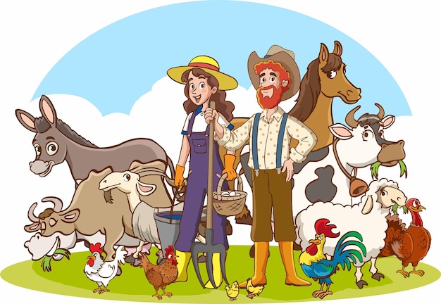 farmer family and farmer animals cartoon