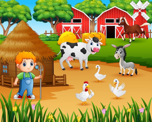 Farmer and farm animal in the farmyard