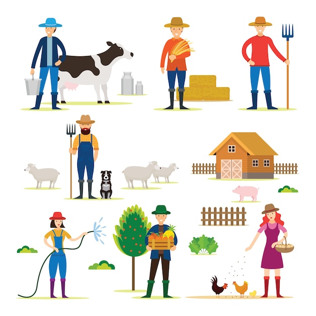 Farmer, Gardener, Characters with Agriculture Product Set