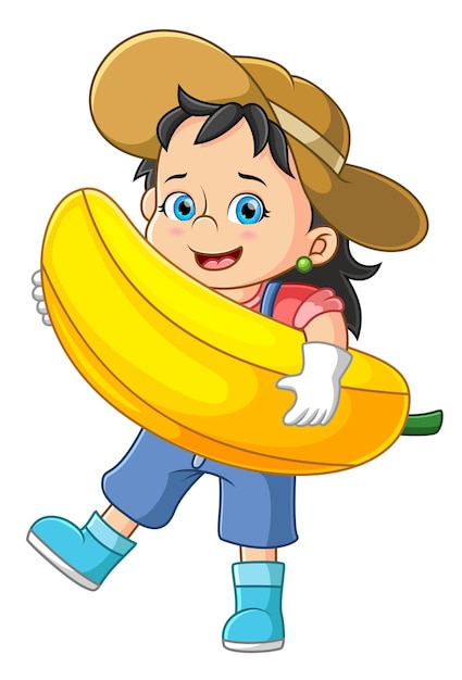 A farmer girl happily carrying a large banana