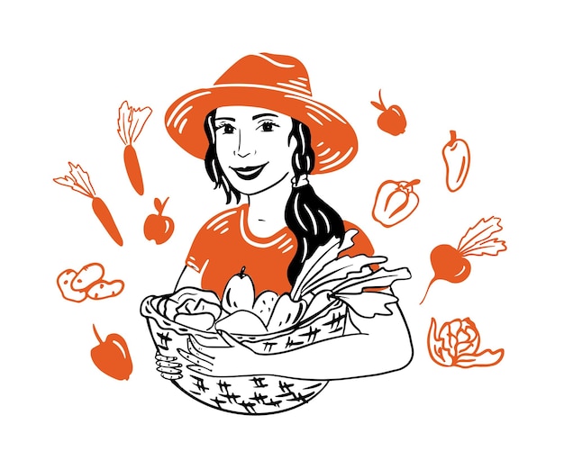 Farmer girl holding a basket of vegetables and fruits in her hands.Set of vegetables and fruits.