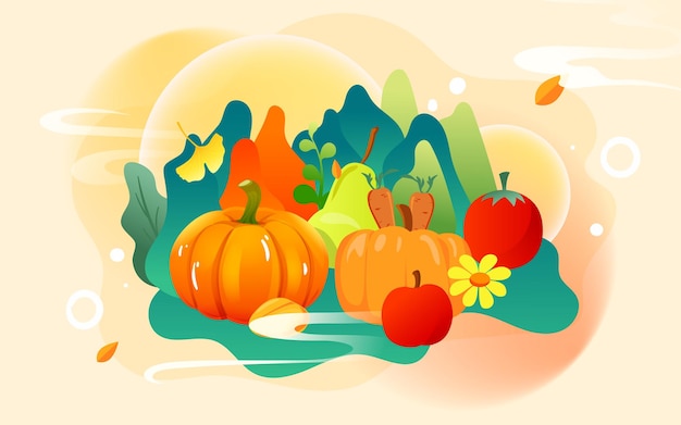 Farmer harvesting fruits in autumn, late autumn season landscape, vector illustration