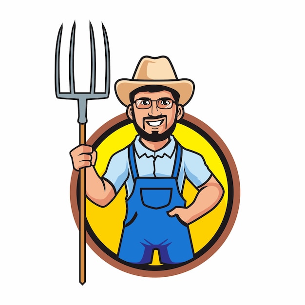 a farmer holding pitchfork with glasses