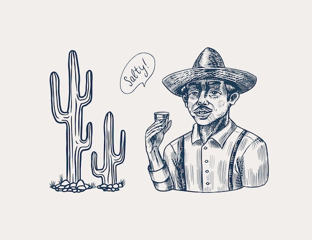 Farmer holding a shot of tequila. Mexican man with hat and cactus. Retro poster or banner. Engraved hand drawn vintage sketch. Woodcut style.