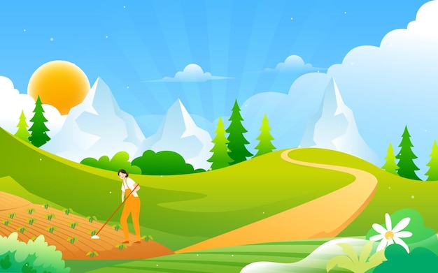 Farmer is farming in spring, countryside and nature in the background, vector illustration