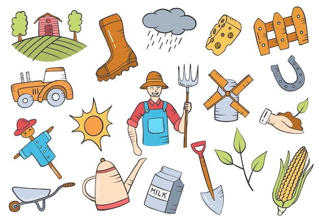 Farmer jobs or profession doodle hand drawn set collections with flat outline style