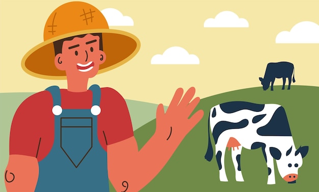 Farmer man and cow farm countryside landscape Dairy and milk with animal cartoon cattle illustration