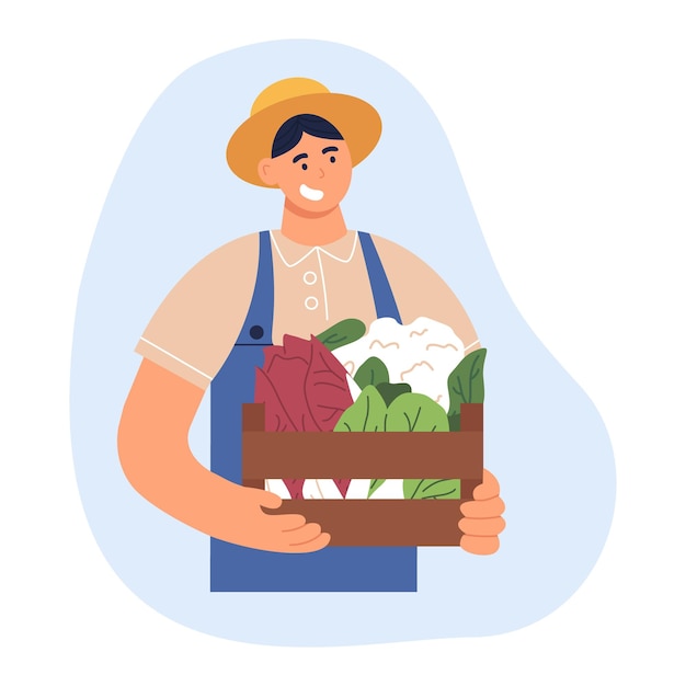 Farmer man in uniform with organic harvest in wood box Gardening Holding crate of fresh vegetables