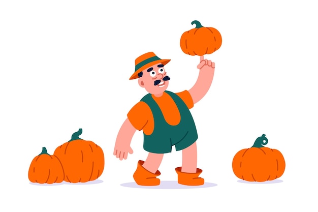 Farmer man with mustache in overalls and hat holds pumpkin