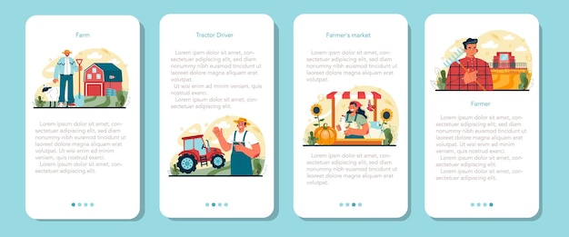 Farmer mobile application banner set. Farm worker growing plants and feeding animals. Agriculture and animal husbandry business. Countryside farmer's products market. Flat vector illustration