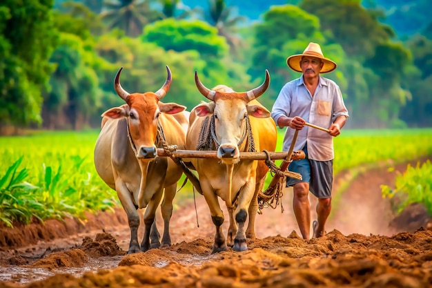 farmer plowing rice fields with a pair of oxen using traditional plough at nature background