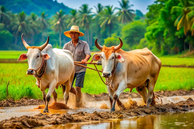 farmer plowing rice fields with a pair of oxen using traditional plough at nature background