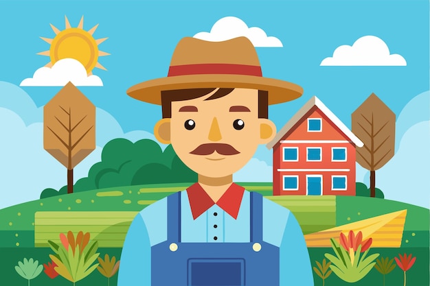 Vector a farmer poses outdoors with a barn and vibrant plants under a clear blue sky farmer customizable semi flat illustration