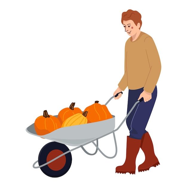 Farmer pushing wheelbarrow with autumn harvest Farm worker going with garden cart with pumpkins