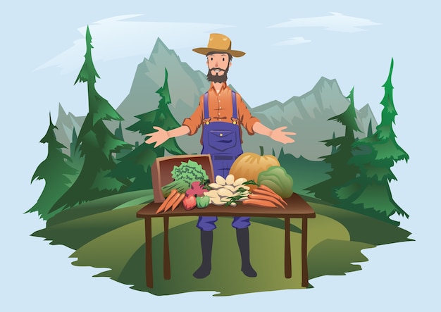 Farmer's market, village fair. A man standing behind a counter with fresh vegetables grown on the farm. Isolated .