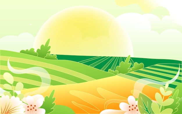 Farmer sows seeds in spring, farm field and village in the background, vector illustration