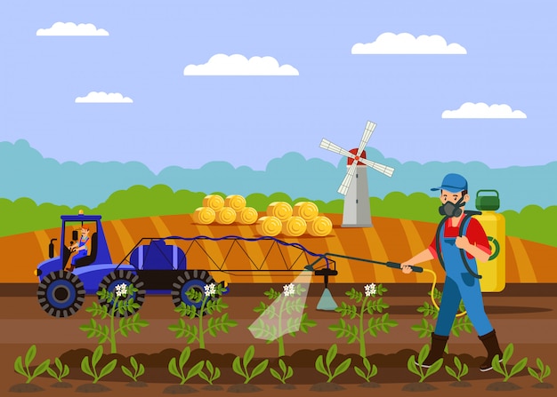 Farmer Spraying Fertilizer Vector Illustration