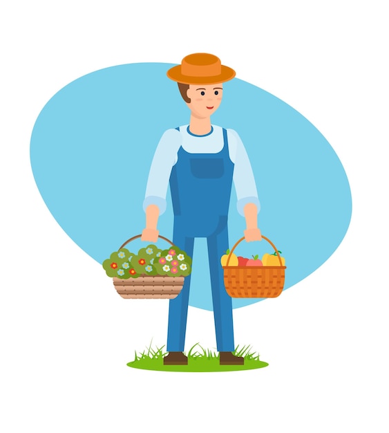 A farmer with baskets full of flowers and vegetables