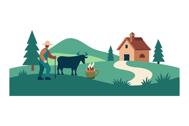 Vector farmer with bull in rural landscape with house trees and mountains