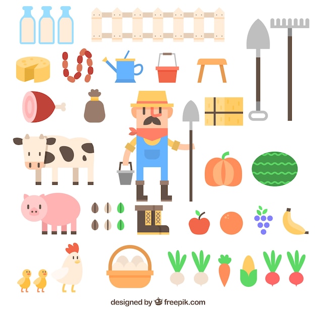 Farmer with farm accessory collection in flat design