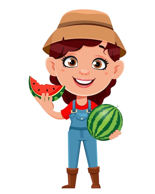 Farmer woman cartoon character eating watermelon Cute girl farmer