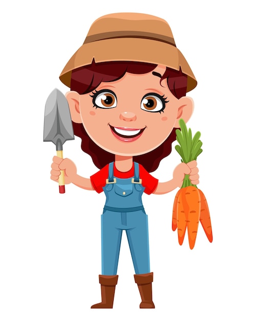 Farmer woman cartoon character holding little shovel and carrots. Cute girl farmer. Stock vector illustration on white background