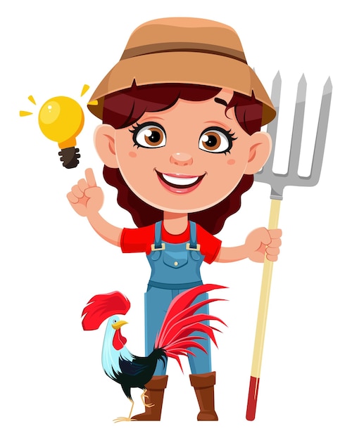 Farmer woman cartoon character holding rake and having a good idea Cute girl farmer