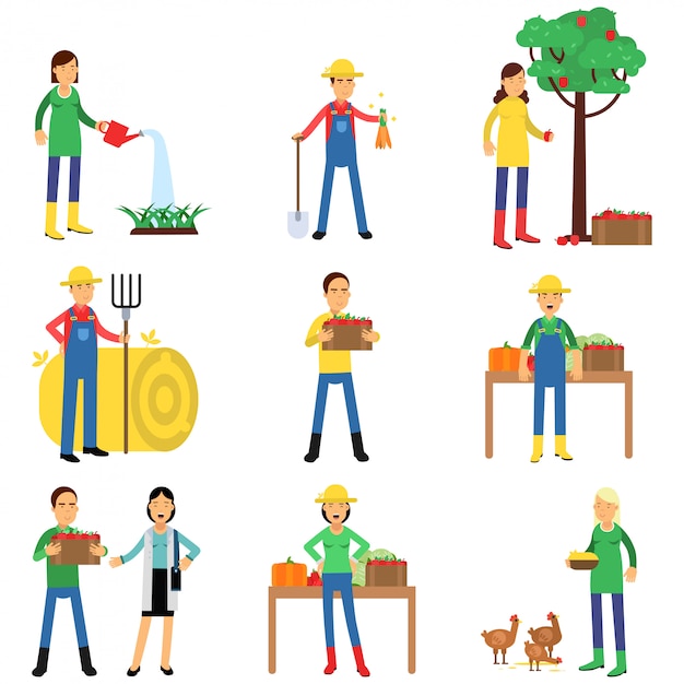 Farmers characters set working at farm, gardening, harvesting and selling farm products