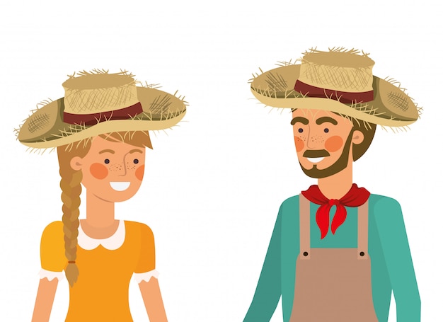 Farmers couple talking with straw hat