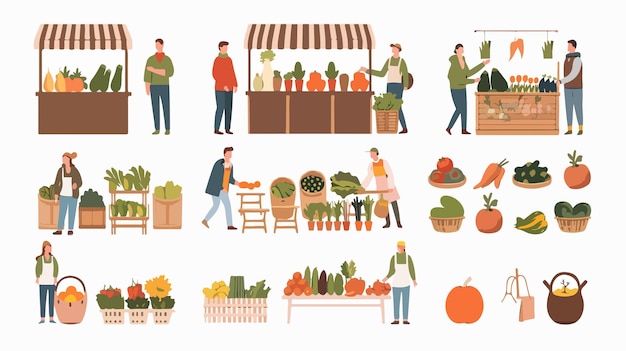 Farmers Market Flat Design Vector Illustration Set