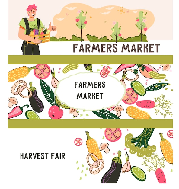 Farmers market and harvest fair banners or flyers set with vegetables vector illustration