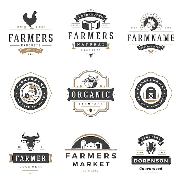 Farmers market logos templates vector objects set Logotypes or badges design