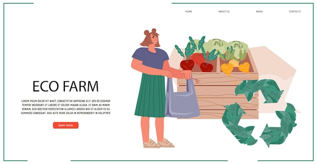 Vector farmers market website banner with shopper buying fresh local vegetables