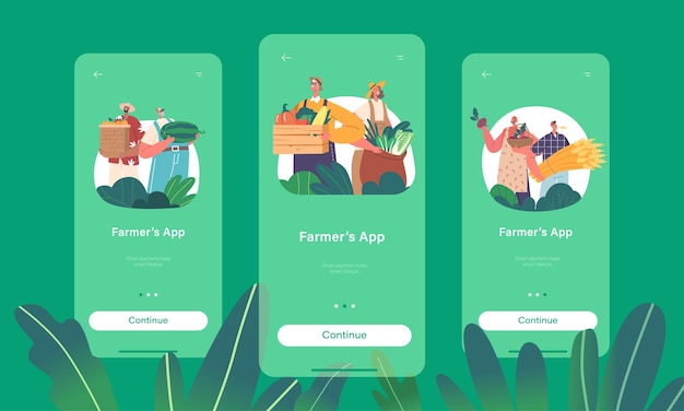 Farmers Mobile App Page Onboard Screen Template Characters Proudly Stand With Harvested Crop In Hands