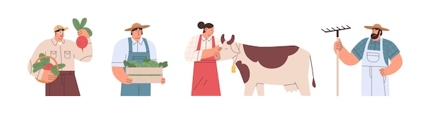 Farmers set. Farm and agriculture workers, men and woman portraits. Rural village people with agronomist, dairymaid jobs. Colored flat vector illustrations of peasants isolated on white background