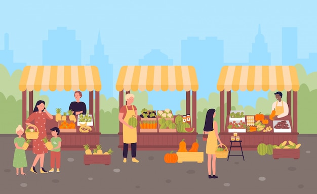 Farmers street market in city flat illustration concept, town background