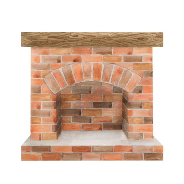 Farmhouse brick fireplace watercolor illustration Interior clip