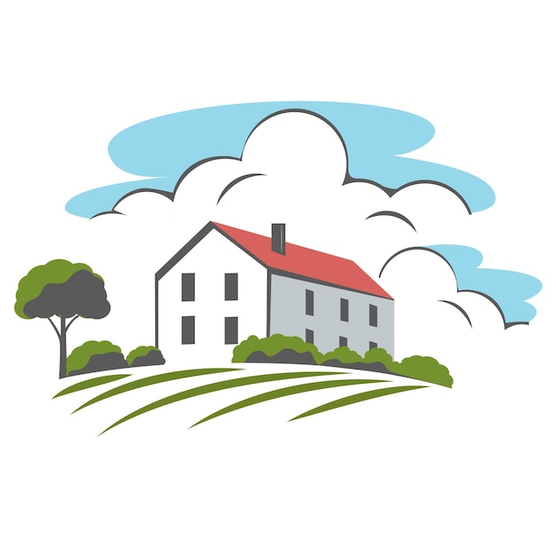 Farmhouse with trees, bushes, color emblem