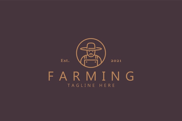 Farming Agricultural Premium Badge Logo. Line Style Symbol for Harvest, Farmer, Food and Natural Product. Illustration of Man with a Mustache Wearing The Hat.