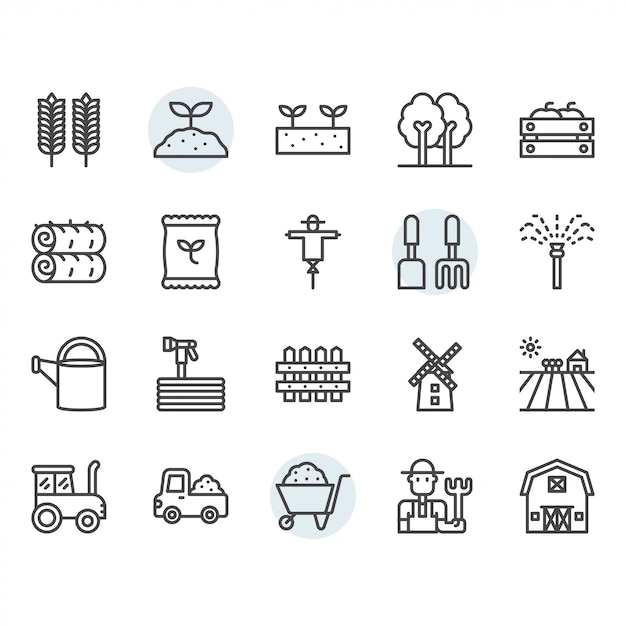 Farming and agriculture icon and symbol set in outline