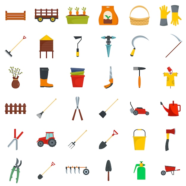 Farming equipment garden icons set