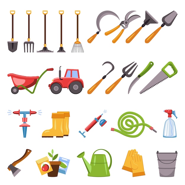 Farming equipment icons set, cartoon style