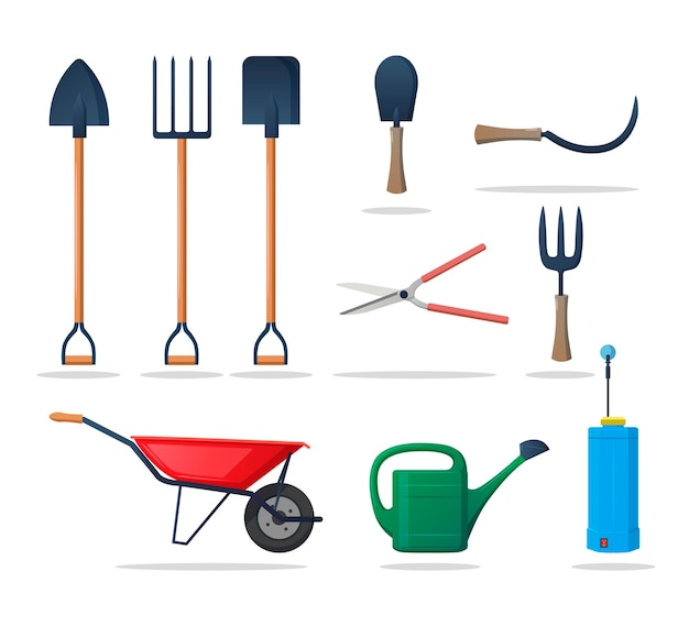 Farming and Gardening Tools equipment with wheelbarrow fork spade watering can Sprayer Illustration