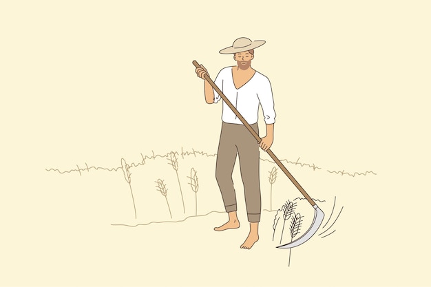 Farming and rural agriculture concept. Young smiling man farmer in hat barefoot standing mowing rye in august harvesting vector illustration