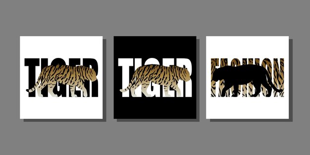 Vector fashion animal prints set with tiger silhouette and tiger pattern