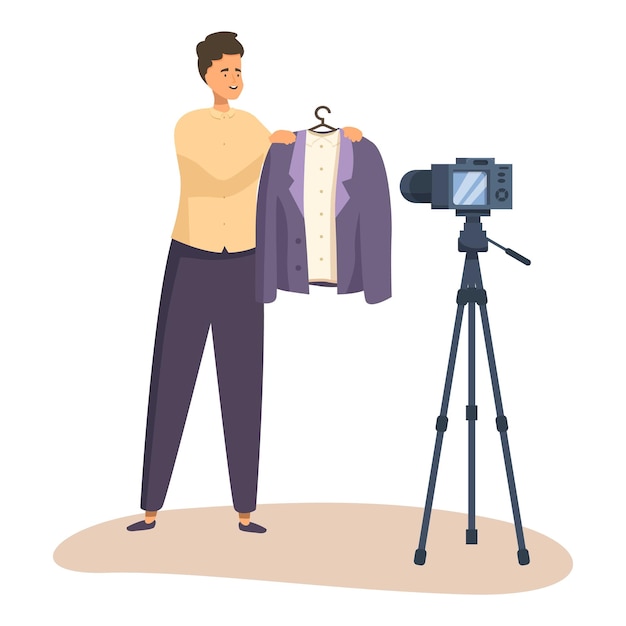 Vector fashion blogger recording video showing suit using camera on tripod